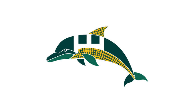 Colorful Pixelated Dolphin with Abstract Green Yellow Design.