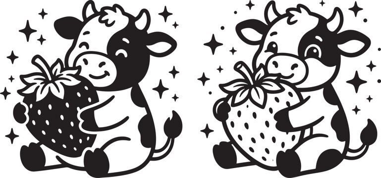 Cute cartoon cow characters hugging large strawberries black vector silhouette illustration with strawberry, silhouette