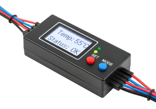 Digital temperature controller with LCD screen displaying 55 degrees Celsius and status OK.