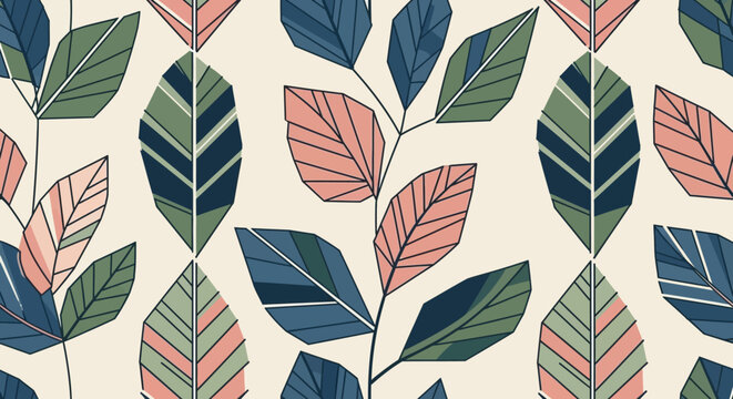 Seamless Geometric Leaf Pattern, Boho Style, Botanical Design, Pink, Green, Blue