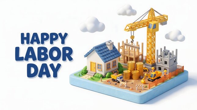 Happy labor day illustration with construction site and building 3d rendering