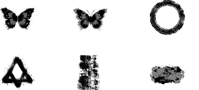 Artistic grunge butterfly shapes and decorative ink texture vector pack. Circular frame, interlocking triangle, smudge design