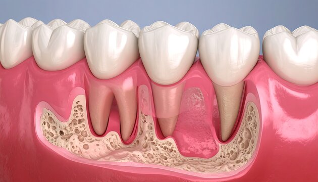 Tooth anatomy with pink gums and jaw bone structure, showing missing tooth replaced by implant