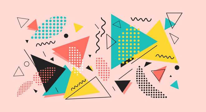 Abstract Shapes Background: Retro Memphis Design with Triangles and Dots