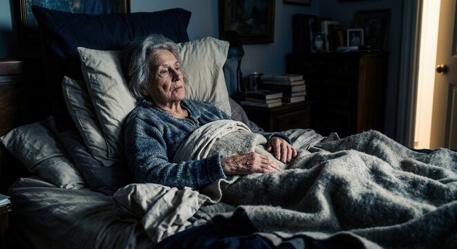 Elderly Woman Resting Comfortably In Bed Surrounded By Pillows