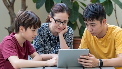 Fototapeta premium Asian mother and two sons looking at digital tablet together in outdoor setting for modern family technology and education concepts with natural light and focus