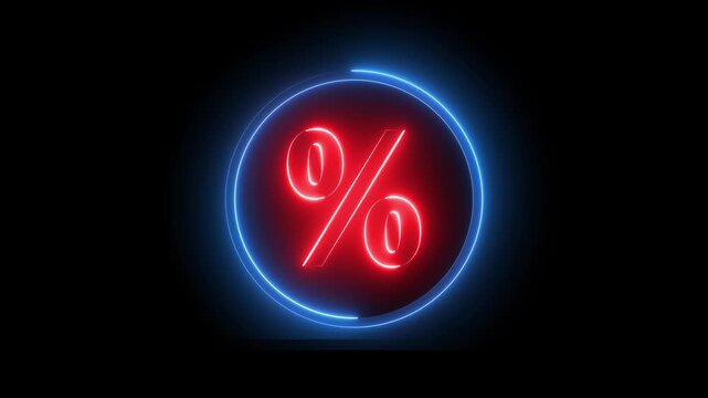 Neon percentage sign icon animation glowing red and blue color business discount offer coupon tags sign symbol on black background