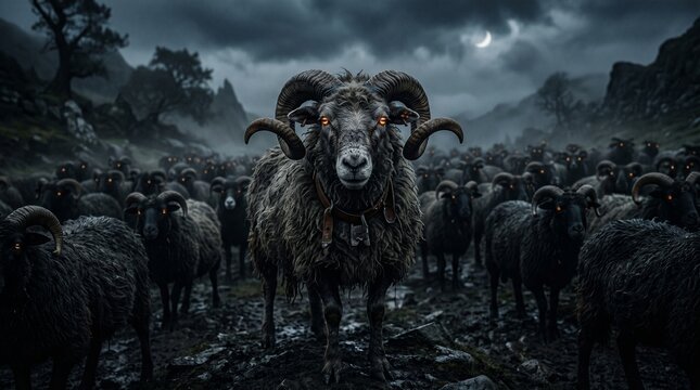 Menacing Ram Leads Flock of Black Sheep Under Moonlit, Foggy Sky