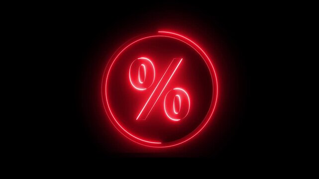 Neon percentage sign icon animation glowing red color business discount offer coupon tags sign symbol on black background