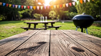 Obraz premium Empty rustic wooden picnic table in a sunny backyard with a barbecue grill and party flags, ready for a summer celebration or gathering