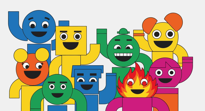 Diverse cartoon figures in geometric shapes, waving together