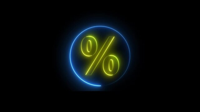 Neon percentage sign icon animation glowing yellow and blue color business discount offer coupon tags sign symbol on black background