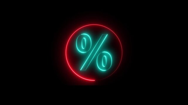 Neon percentage sign icon animation glowing red and cyan color business discount offer coupon tags sign symbol on black background