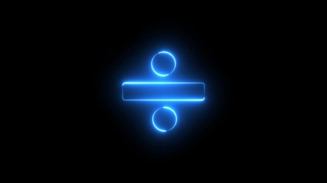 Neon division sign icon animation glowing blue color education mathematic finance calculation accounting sign symbol on black background