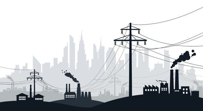 Industrial cityscape with power lines and factory smoke emissions