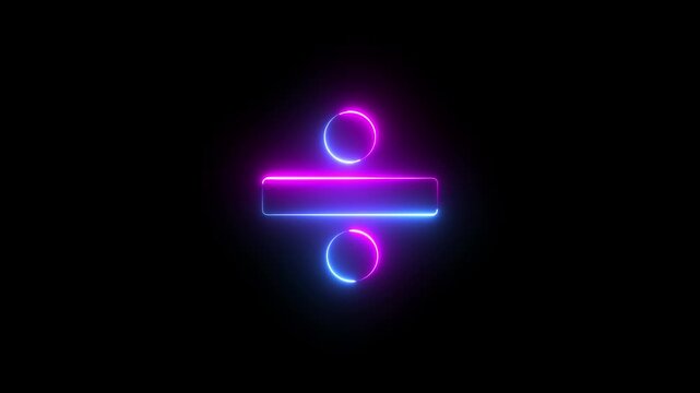 Neon division sign icon animation glowing pink and blue color education mathematic finance calculation accounting sign symbol on black background