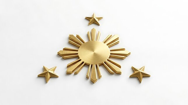 Golden 3D Philippine Sun and Three Stars on White Background