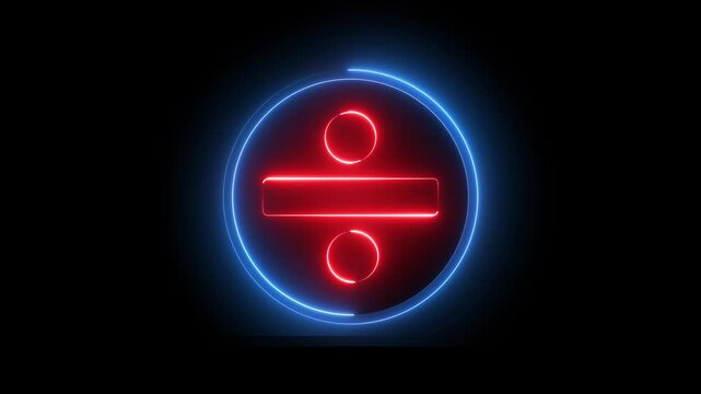 Neon division sign icon animation glowing red and blue color education mathematic finance calculation accounting sign symbol on black background
