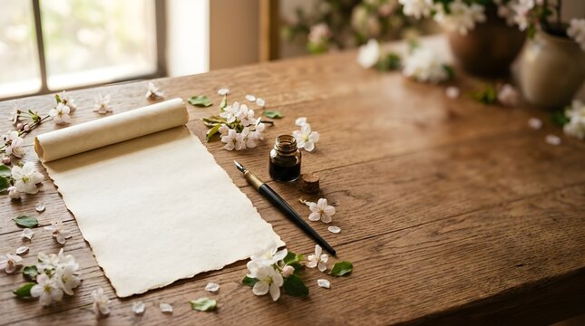 Vintage parchment scroll with ink pen and cherry blossoms on a wooden table