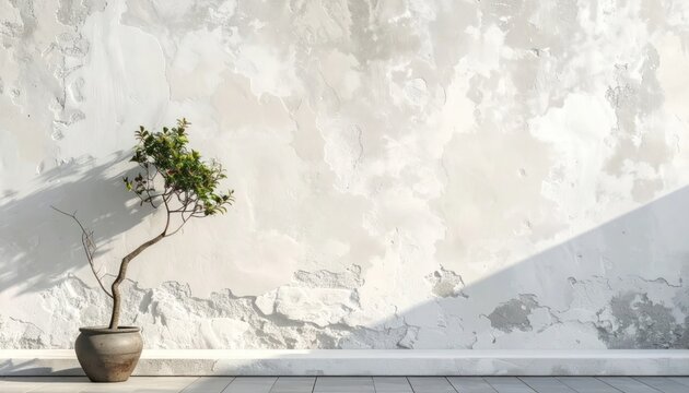 Minimalist Interior Design with a Potted Bonsai Tree and Textured Wall.