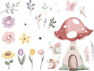 Whimsical fairy garden vector element set with cute mushroom house snail butterflies and blooming colorful spring flowers © Ruma