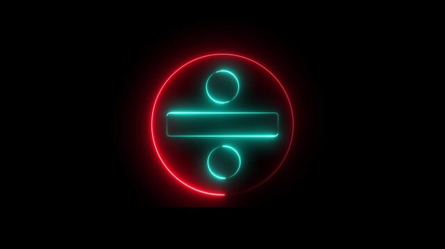 Neon division sign icon animation glowing red and cyan color education mathematic finance calculation accounting sign symbol on black background