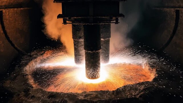 Closeup medium shot focusing on electrode tips within a hybrid electricoxygen furnace highlighting sparks and electric arcs in hightemperature smelting