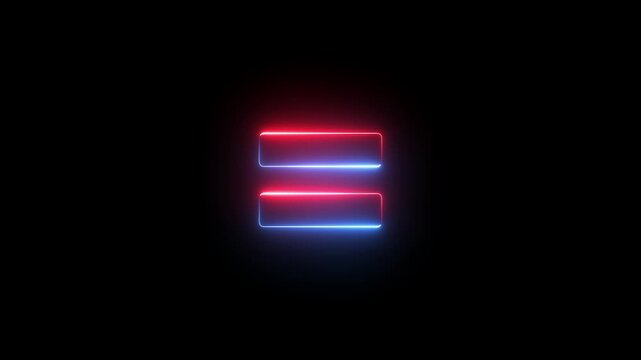 Neon equal sign icon animation glowing red and blue color education mathematic finance calculating accountancy sign symbol on black background