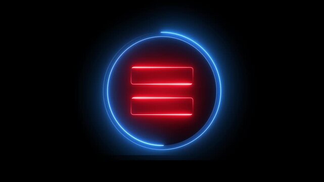 Neon equal sign icon animation glowing red and blue color education mathematic finance calculating accountancy sign symbol on black background