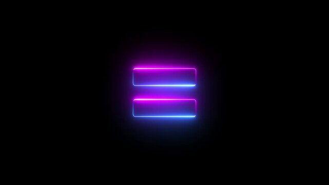 Neon equal sign icon animation glowing pink and blue color education mathematic finance calculating accountancy sign symbol on black background