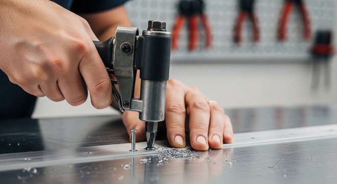 Closeup of a worker using a pneumatic rivet gun on a metal sheet