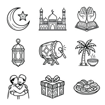 Islamic cultural symbols and traditions collection line art.