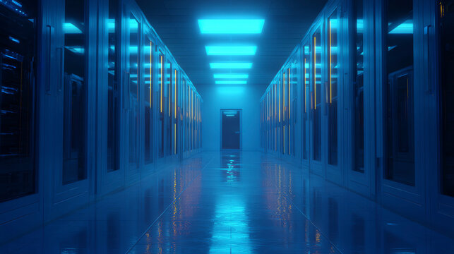 blue-lit data center server room corridor 