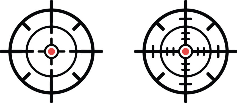 Reticle, icons, circular sight symbols showing target acquisition for precision alignment and interface design elements.