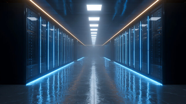 blue-lit data center server room corridor 