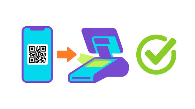 Digital payment process using a smartphone QR code scanner and a successful transaction confirmation icon.