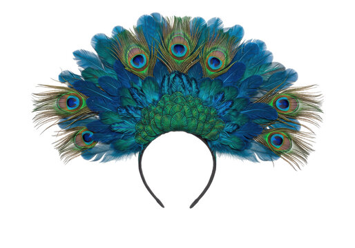 Peacock feather headdress with iridescent blue and green plumage and eye spots isolated white background