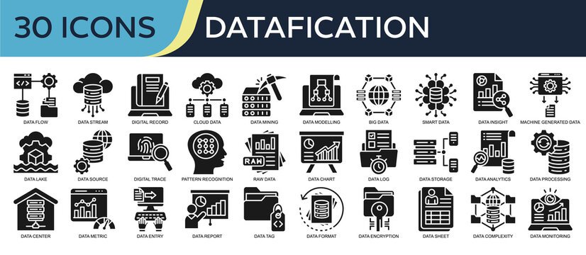Collection of Datafication icons, related to Data Flow, Digital Record, Big Data, Pattern Recognition, Data Modelling and more. Glyph icons vector illustation.