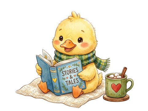 Cute cartoon chick reading stories and drinking hot chocolate isolated on transparent background