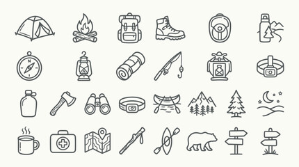 Collection of hand-drawn outdoor adventure and camping icons, perfect for travel and nature themes. © indira