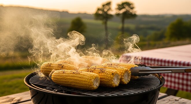 Fresh corn on the cob roasting on a charcoal grill outdoors.