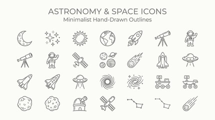 Collection of minimalist hand-drawn outline icons representing astronomy and space exploration themes. © indira