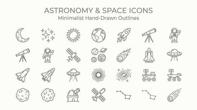 Collection of minimalist hand-drawn outline icons representing astronomy and space exploration themes.