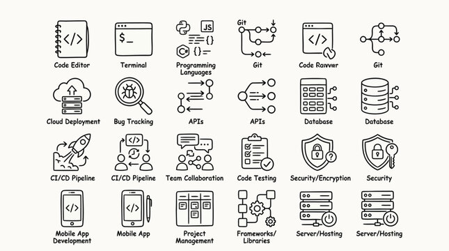 Collection of modern flat icons representing software development and technology concepts.