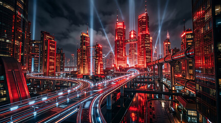 Custom blinds with your photo Cyberpunk Metropolis Skyline at Night with Vertical Red Laser Beams and City Traffic