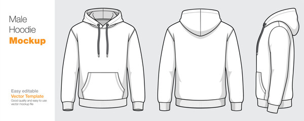 Men's White Hoodie Mockup Vector Template - Front, Back, and Side View © SK design