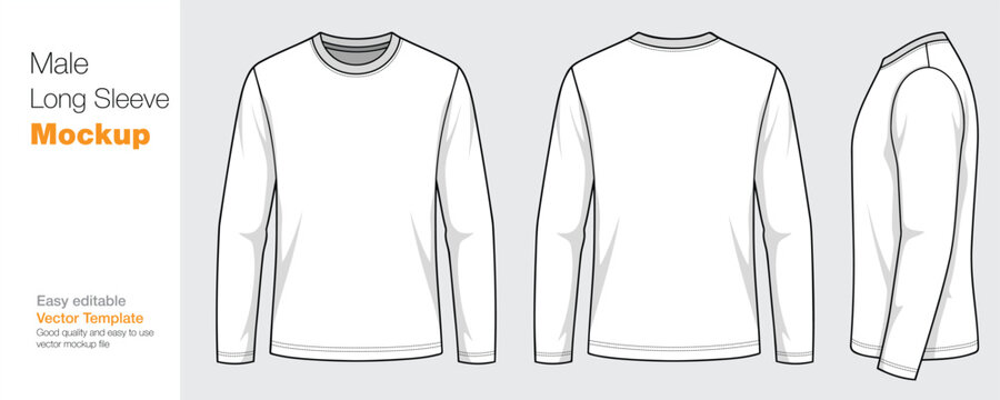 Male Long Sleeve T-Shirt Mockup Vector Template - Front, Back, and Side View