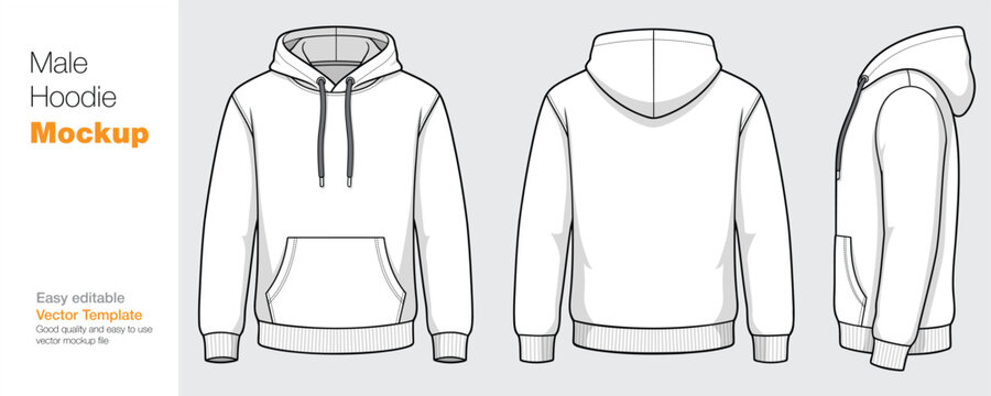 Men's White Hoodie Mockup Vector Template - Front, Back, and Side View