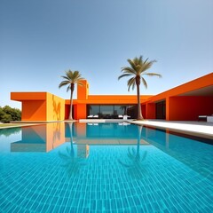 Fototapeta premium minimalist modern architecture villa with orange walls and teal swimming pool.