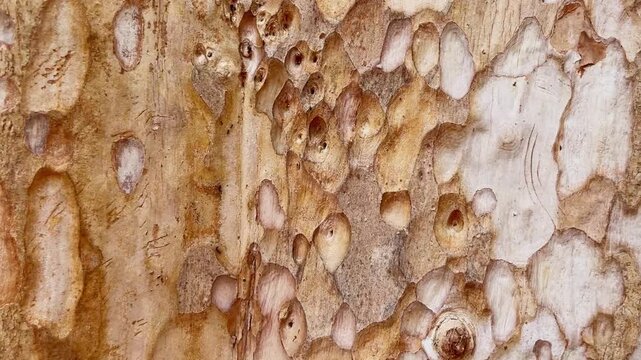 A smoothly moving video of a sycamore tree trunk shows the detailed texture of the bark and small insects moving across the tree's surface in its natural environment.